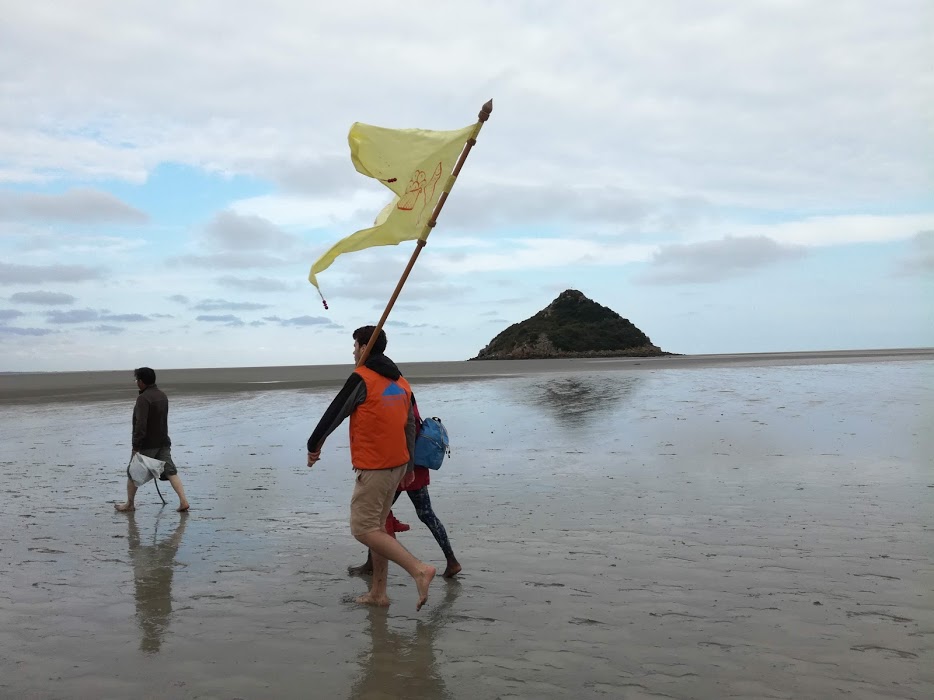 L'îlot de Tombelaine, ce bout de terre tel un vaisseau rasé avec son drapeau semble à portée de main (il n'est qu'à environ 3 km du Mont-Saint-Michel). De son passé de forteresse, il ne reste que des tronçons de tours en ruines (Photo FC)