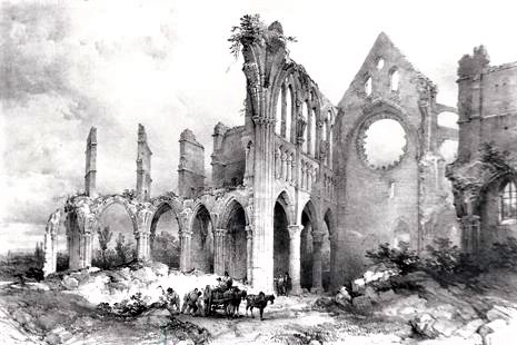Démolition de l'abbatiale transformée en carrière de pierres. Il fallut 40 ans pour en venir (presque) à bout, plus longtemps que pour la construire au XIIIe siècle.