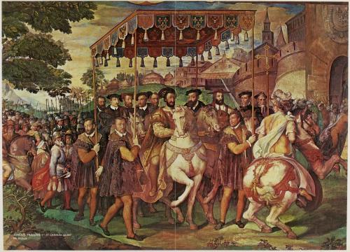 On 18 December 1539 François I invited the Emperor Charles V to stay there, at Chambord as well as many ambassadors, who were all most impressed by what they saw. To his contemporaries, the site embodied a kind of utopian city. After years of bitter hostility toward the emperor, François 1 chose to become his friend. The two monarchs first met in july at Aigues-Mortes and in the winter 1539-1540, Charles passed through France on his way to the Netherlands (Reproduction d'une peinture de Zuccari).