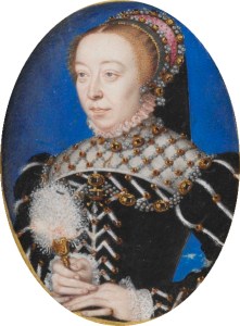 Portrait de Catherine de Médicis (1519-1589) attribué au peintre portraitiste François Clouet (1510-1572). Cette miniature est un des rares portraits de Catherine de Médicis avant qu'elle ne soit veuve en 1559 et qu’elle adopte une tenue de deuil qui l’a fit appeler « la Reine Noire »