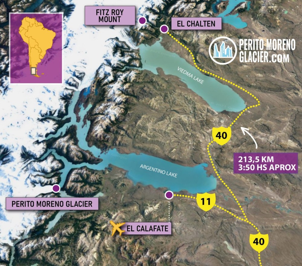 The glaciers, including Perito Moreno, feed the massive mountain lakes Viedma and, lower
down, Argentino bordering El Calafate.